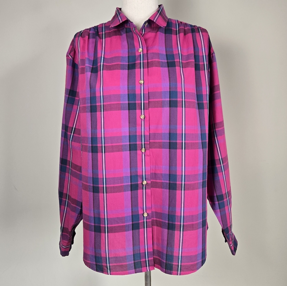 Woolrich Top Shirt Vintage Plaid Magenta Long Sleeve Button Down Womens 18